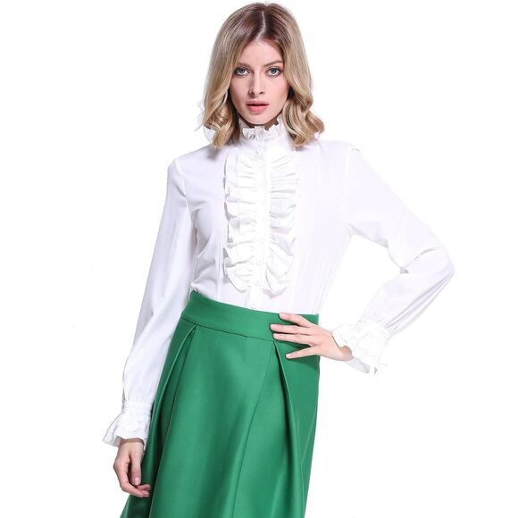 Victorian Gothic Shirt Vintage Ruffle Long Sleeve Blouse Tops XL White - Picture 3 of 5